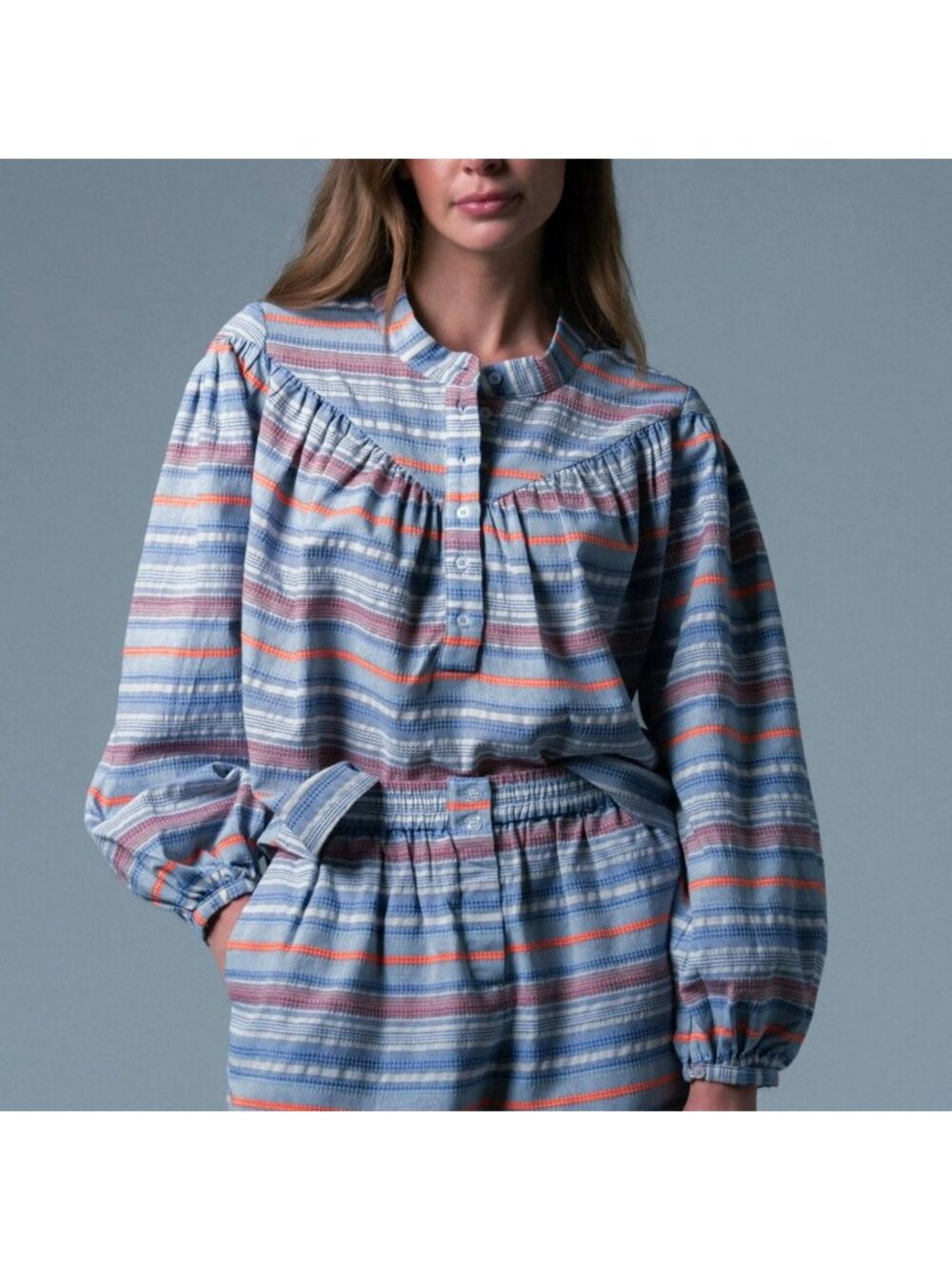 The Shirt Rochelle Behrens Logan Blouse Top XS Blue Orange Stripe Cotton $183